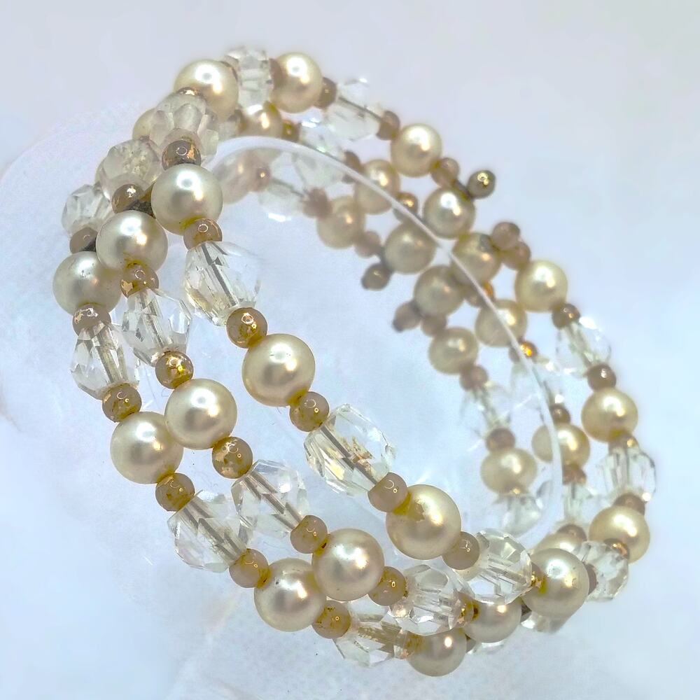 Vintage Faux Pearl Cuff Bracelet Three Strands Flex Fit Crystal Beaded Classic - Picture 1 of 10